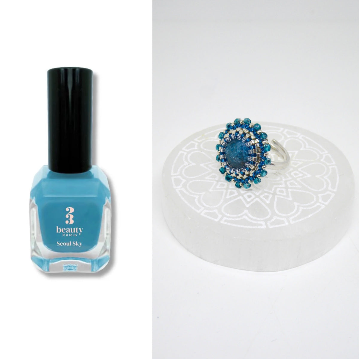 Bague Bermudes Tiss'Mé - pierre naturelle d'Apatite bleue et perles Miyuki