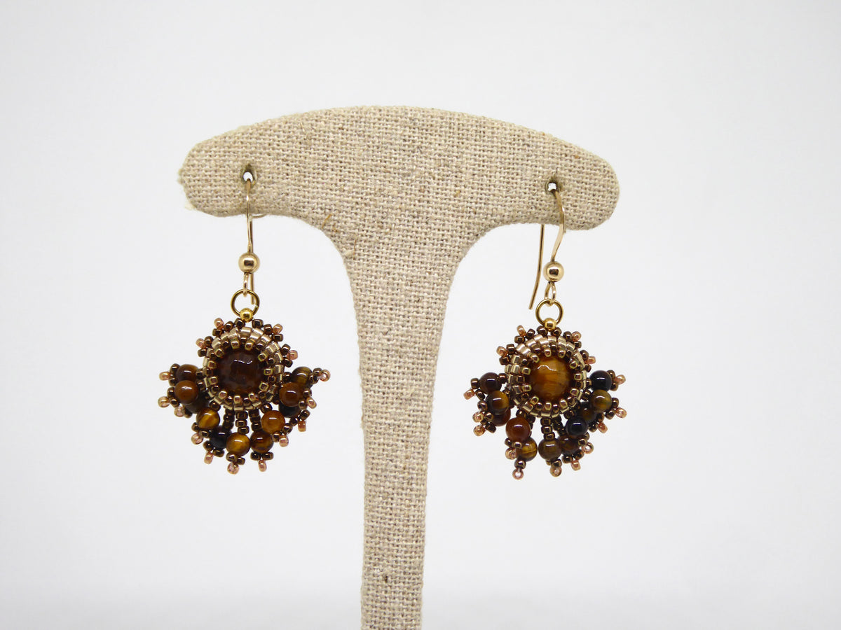 Boucles d’oreilles Soleil - Tiss’Mé - pierre naturelle Oeil de tigre - tissage perles Miyuki - Gold filled 14k
