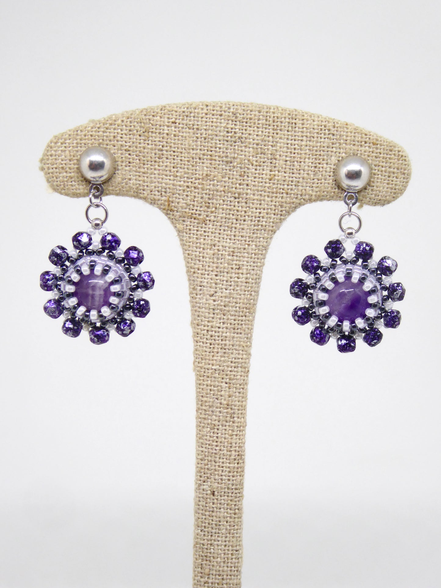 Boucles d’oreilles Jupiter - Tiss’Mé - pierre naturelle Améthyste - tissage perles Miyuki - argent 925/1000