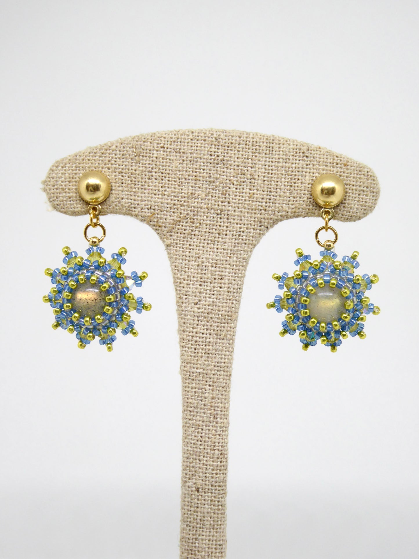 Boucles d’oreilles Saturne - Tiss’Mé - pierre naturelle Labradorite - tissage perles Miyuki - argent 925/1000 doré 3 microns