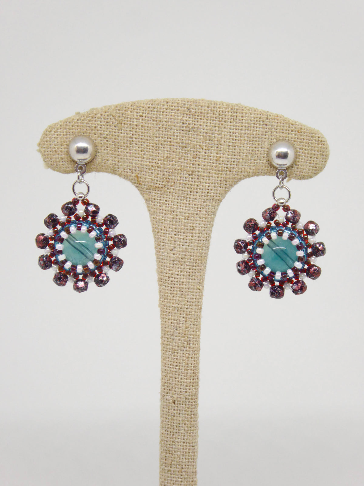 Boucles d’oreilles Mercure - Tiss’Mé - pierre naturelle Fluorite/Fluorine - tissage perles Miyuki - argent 925/1000