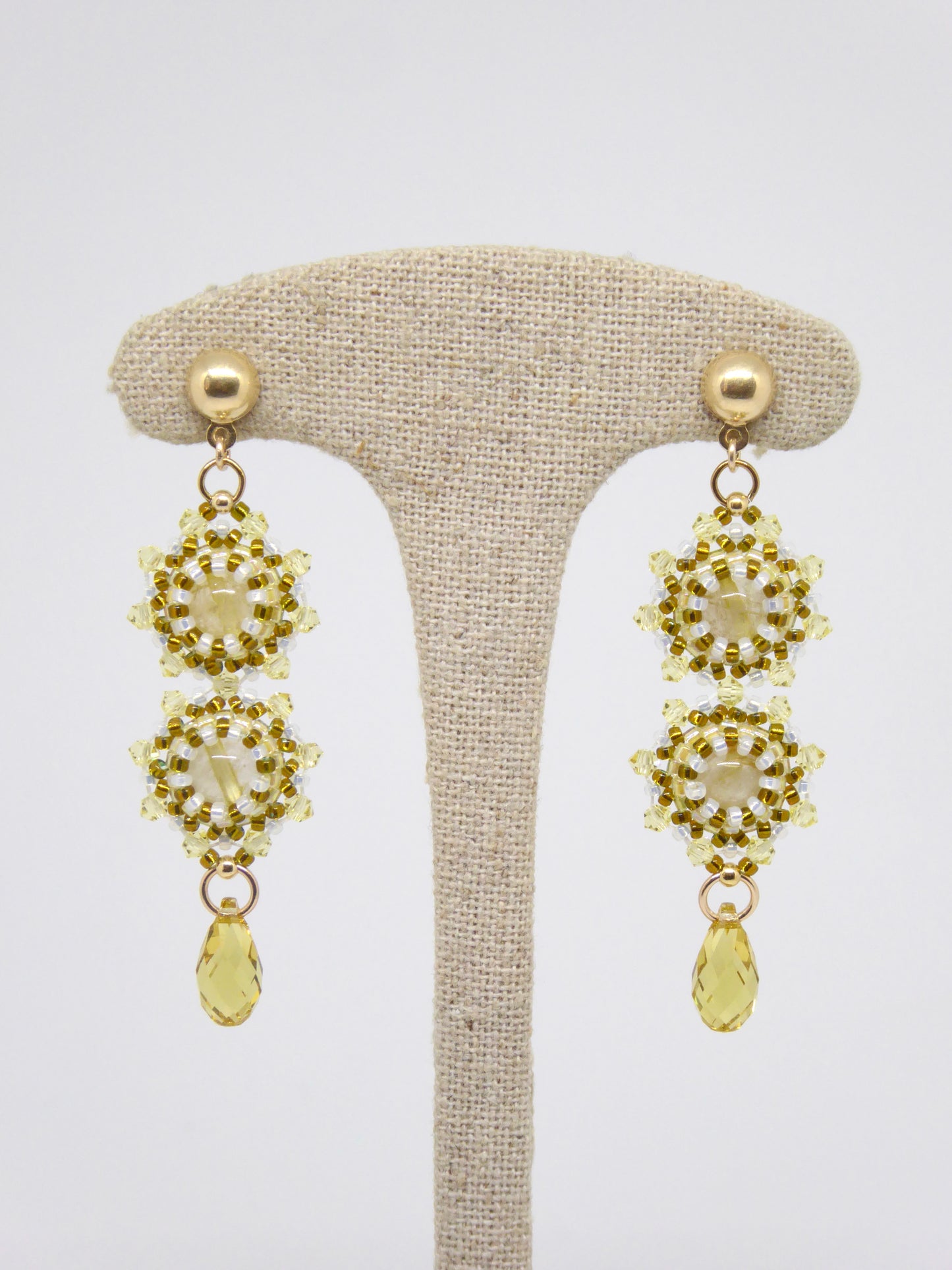 Boucles d'oreilles Gemini Tiss'Mé - pierre naturelle Quartz rutile doré et perles Miyuki - fait main Paris