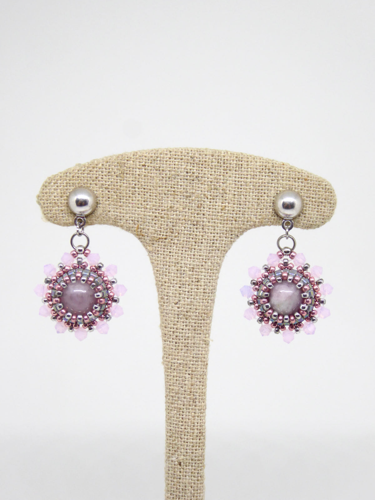 Boucles d’oreilles Lune - Tiss’Mé - pierre naturelle Kunzite - tissage perles Miyuki - argent 925/1000