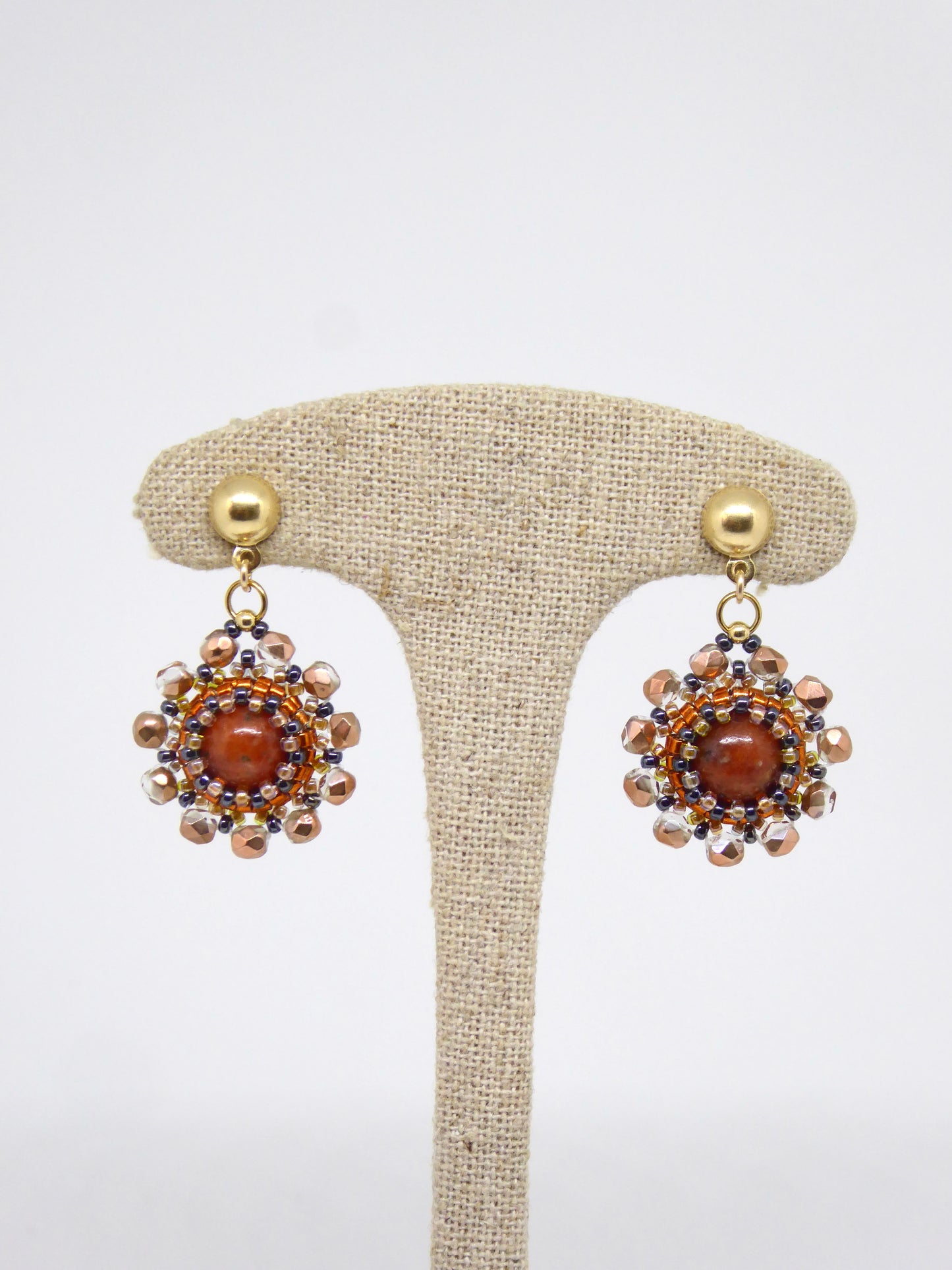 Boucles d’oreilles Vénus - Tiss’Mé - pierre naturelle Calcite orange - tissage perles Miyuki - argent 925/1000 doré 3 microns