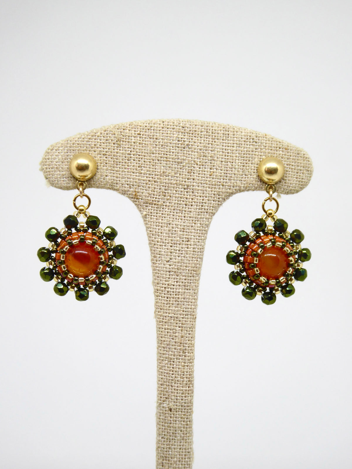 Boucles d’oreilles Vénus - Tiss’Mé - pierre naturelle Cornaline - tissage perles Miyuki - argent 925/1000 doré 3 microns