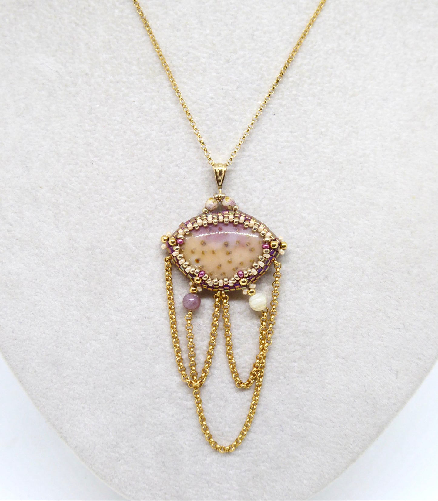 Collier New Orleans Tiss’Mé - pierre naturelle Bois de palmier pétrifié - tissage perles Miyuki - gold filled 14k - artisanat d'art