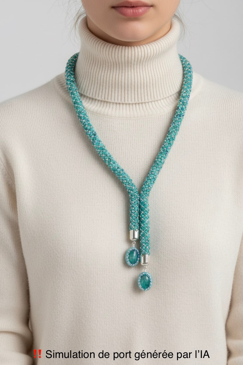 Collier Olinda porté (IA) — tissage tubulaire Miyuki et Amazonite — fait-main artisanat Parisien — Tiss'Mé