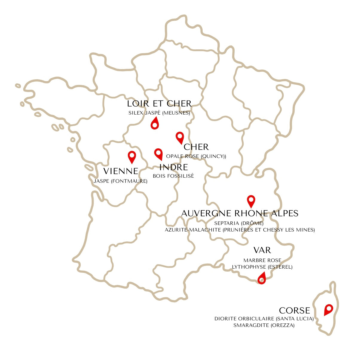 Carte provenance des pierres naturelles France - bijoux artisanaux Tiss'Mé