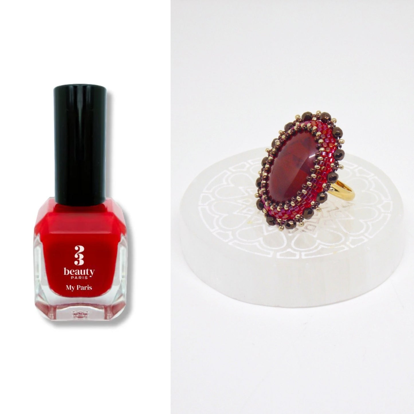 Bague Shanghai Tiss'Mé - pierre naturelle de Jaspe rouge et perles Miyuki