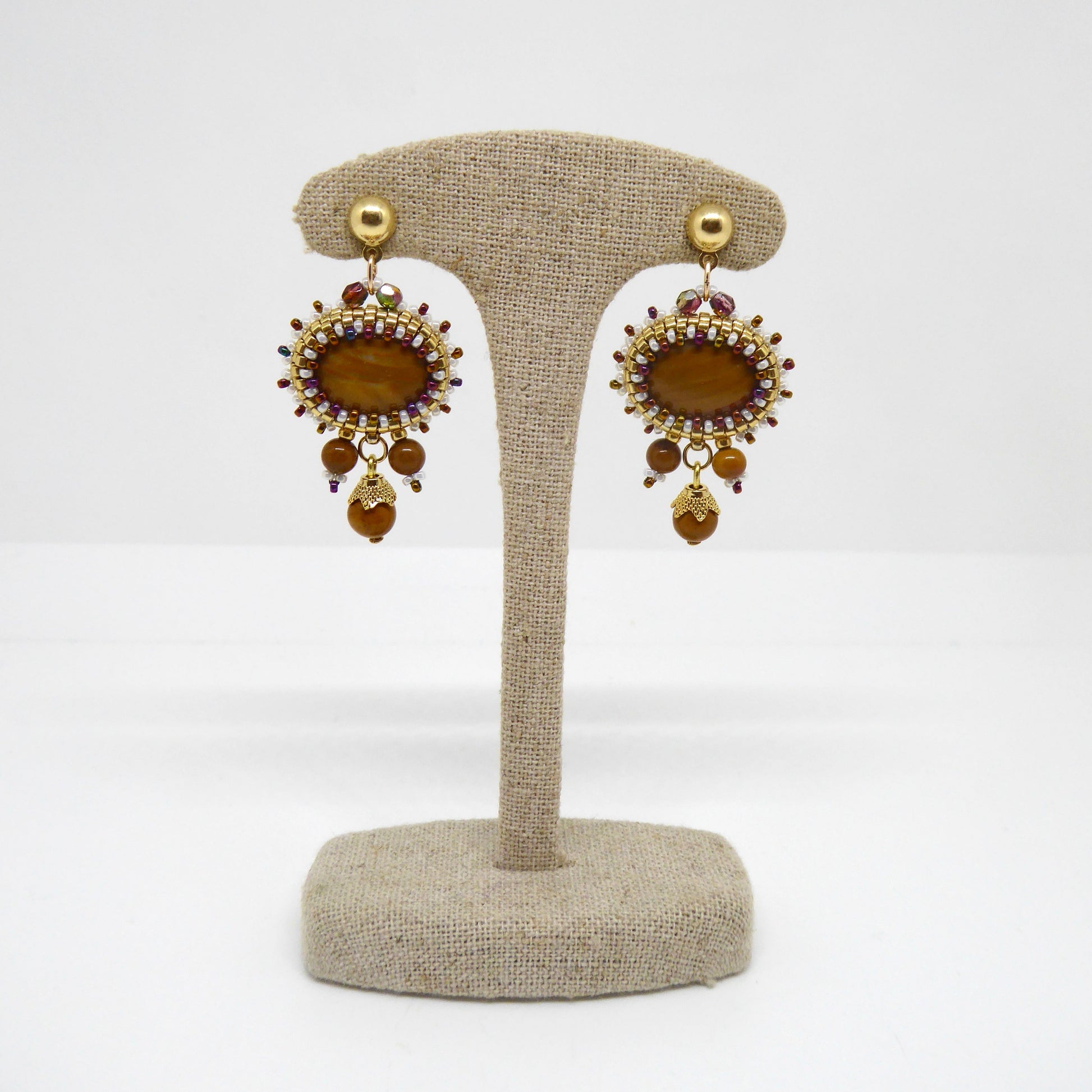 Boucles d’oreilles Meusnes - Tiss’Mé - pierre naturelle Silex Jaspé jaune - tissage perles Miyuki - argent 925/1000 doré 3 microns