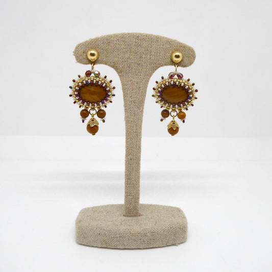 Boucles d’oreilles Meusnes - Tiss’Mé - pierre naturelle Silex Jaspé jaune - tissage perles Miyuki - argent 925/1000 doré 3 microns