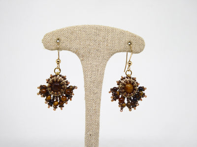 Boucles d’oreilles Soleil - Tiss’Mé - pierre naturelle Oeil de tigre - tissage perles Miyuki - Gold filled 14k