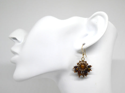 Boucles d'oreilles Soleil - pierre portée Oeil de tigre - Bijoux artisanaux Tiss'Mé