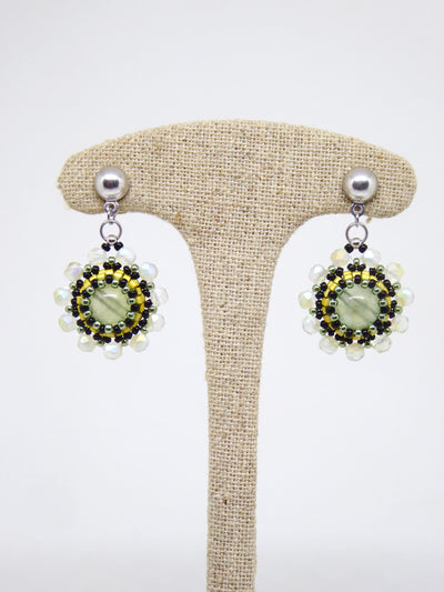 Boucles d’oreilles Lune - Tiss’Mé - pierre naturelle Préhnite - tissage perles Miyuki - argent 925/1000