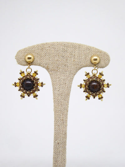 Boucles d’oreilles Mars - Tiss’Mé - pierre naturelle Bronzite - tissage perles Miyuki - argent 925/1000 doré 3 microns