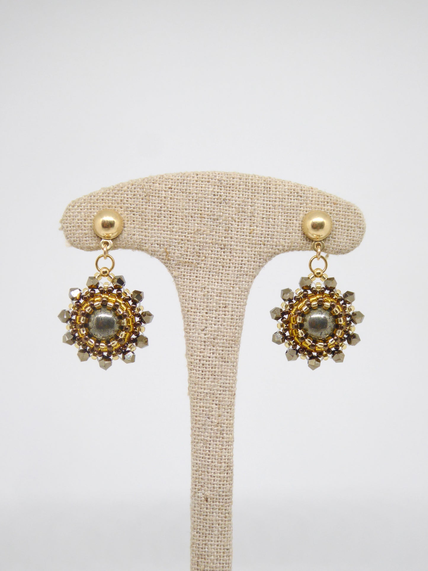 Boucles d’oreilles Soleil - Tiss’Mé - pierre naturelle Pyrite - tissage perles Miyuki - Argent 925 doré 3 microns