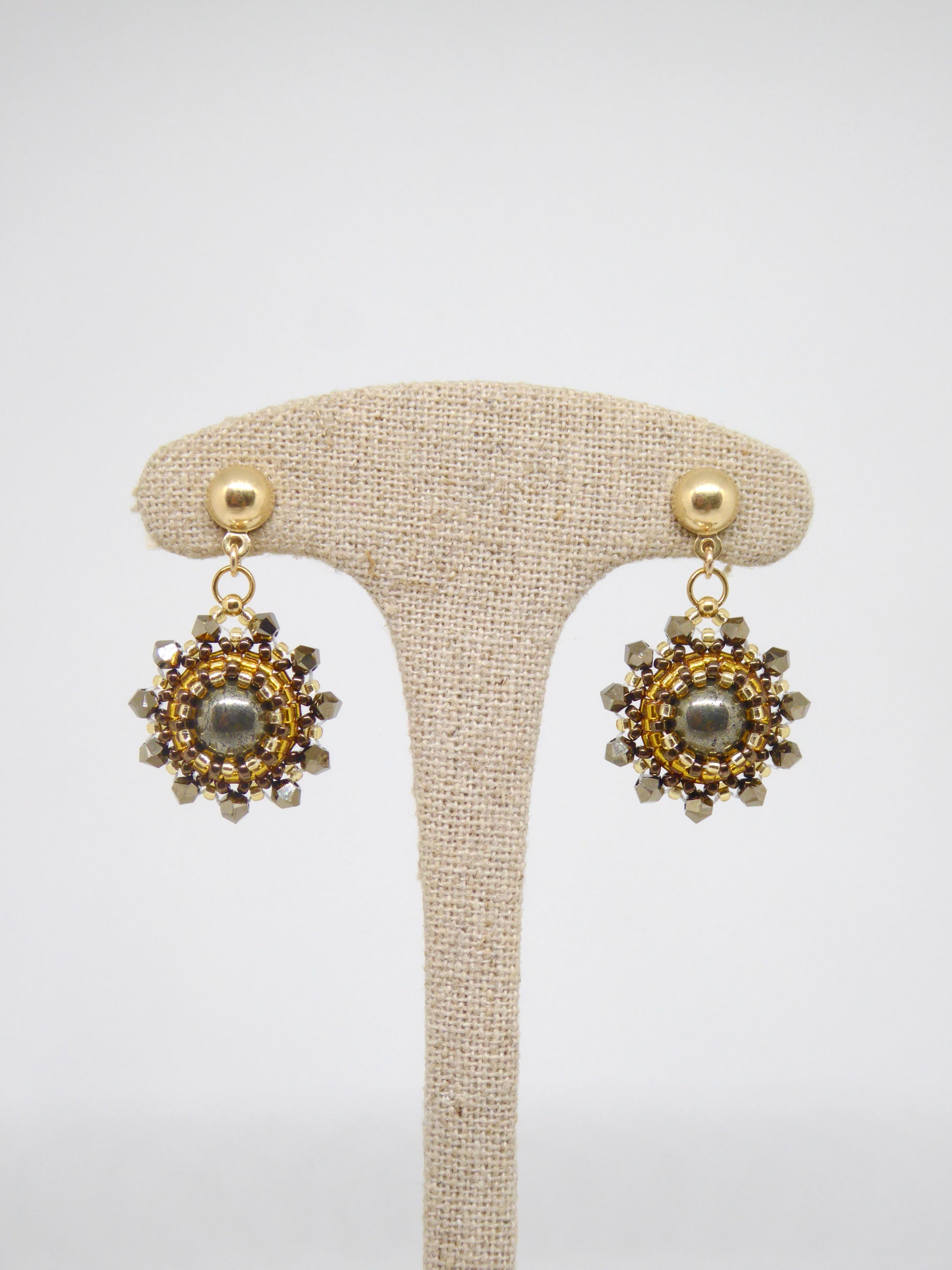 Boucles d’oreilles Soleil - Tiss’Mé - pierre naturelle Pyrite - tissage perles Miyuki - Argent 925 doré 3 microns