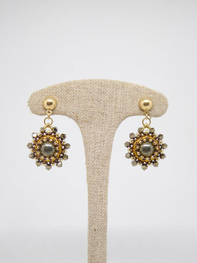 Boucles d’oreilles Soleil - Tiss’Mé - pierre naturelle Pyrite - tissage perles Miyuki - Argent 925 doré 3 microns