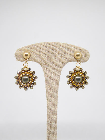 Boucles d’oreilles Soleil - Tiss’Mé - pierre naturelle Pyrite - tissage perles Miyuki - Argent 925 doré 3 microns