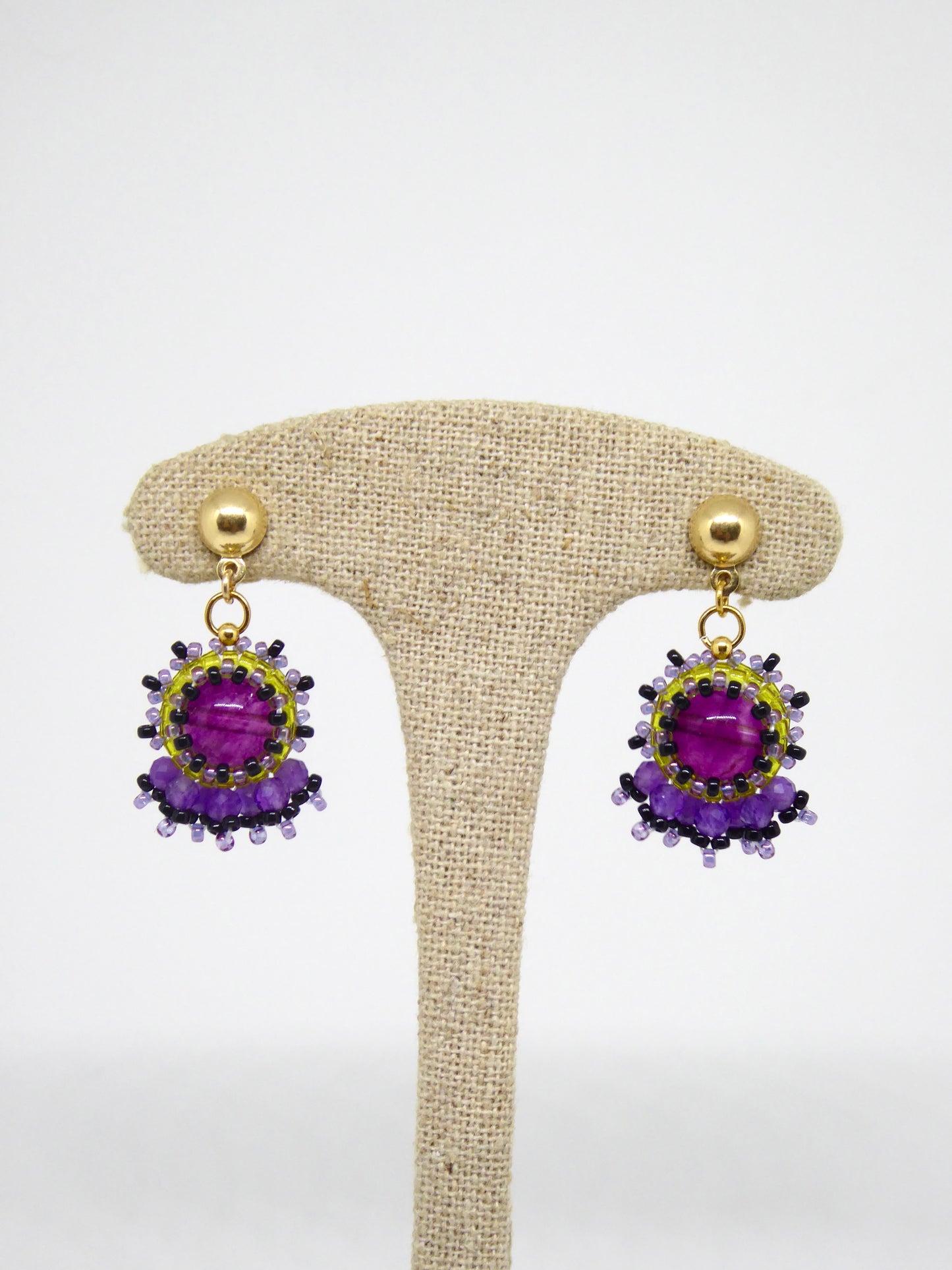 Boucles d’oreilles Jupiter - Tiss’Mé - pierre naturelle Fluorite/Fluorine - tissage perles Miyuki - argent 925/1000 plaqué or 3 microns