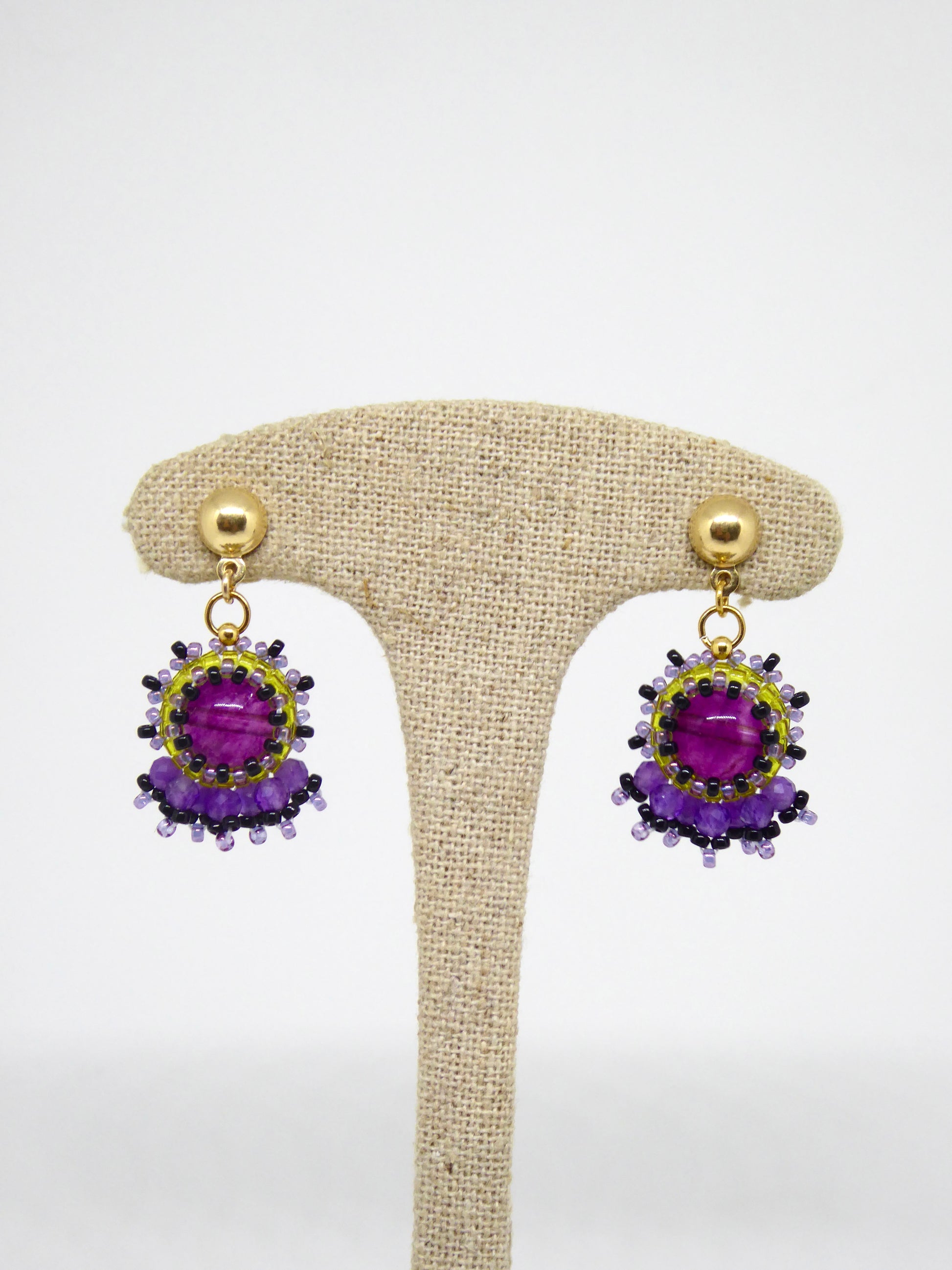 Boucles d’oreilles Jupiter - Tiss’Mé - pierre naturelle Fluorite/Fluorine - tissage perles Miyuki - argent 925/1000 plaqué or 3 microns