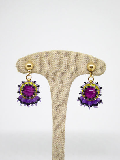 Boucles d’oreilles Jupiter - Tiss’Mé - pierre naturelle Fluorite/Fluorine - tissage perles Miyuki - argent 925/1000 plaqué or 3 microns