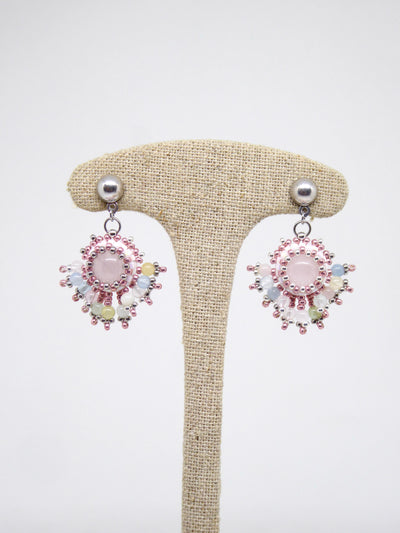 Boucles d’oreilles Lune - Tiss’Mé - pierre naturelle Quartz rose - tissage perles Miyuki - argent 925/1000