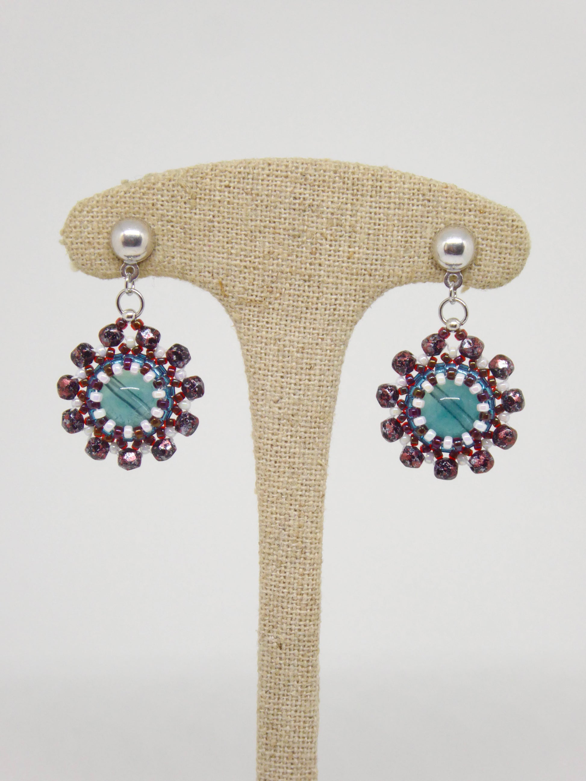 Boucles d’oreilles Mercure - Tiss’Mé - pierre naturelle Fluorite/Fluorine - tissage perles Miyuki - argent 925/1000