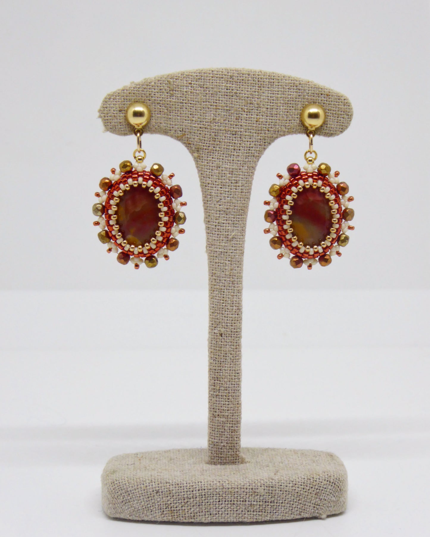 Boucles d’oreilles Meusnes - Tiss’Mé - pierre naturelle Silex Jaspe rouge orangé - tissage perles Miyuki - argent 925/1000 doré 3 microns