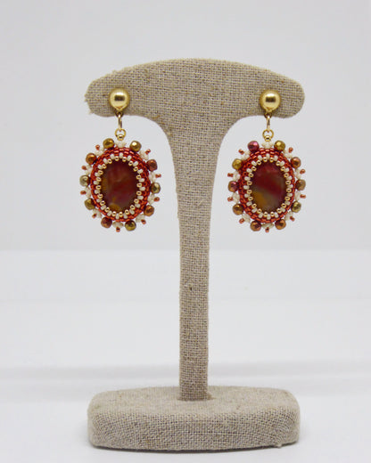 Boucles d’oreilles Meusnes - Tiss’Mé - pierre naturelle Silex Jaspe rouge orangé - tissage perles Miyuki - argent 925/1000 doré 3 microns