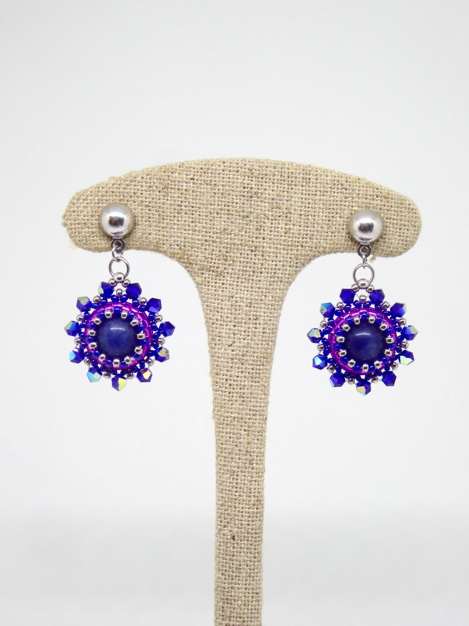 Boucles d’oreilles Saturne - Tiss’Mé - pierre naturelle Sodalite - tissage perles Miyuki - argent 925/1000