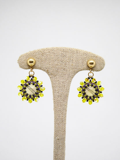 Boucles d’oreilles Soleil - Tiss’Mé - pierre naturelle Fluorite/Fluorine - tissage perles Miyuki - Argent 925/1000 plaqué or 3 microns