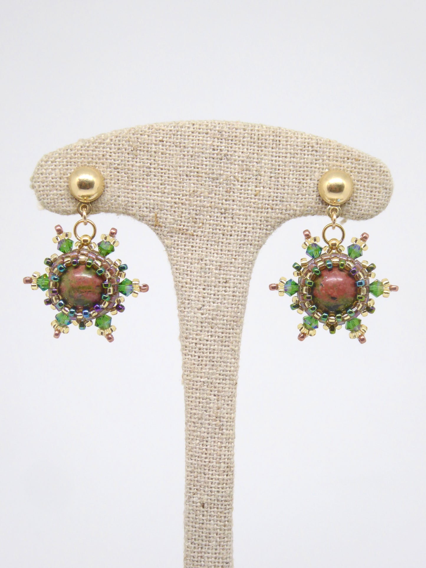 Boucles d’oreilles Lune - Tiss’Mé - pierre naturelle Jaspe unakite - tissage perles Miyuki - argent 925/1000 plaqué or 3 microns