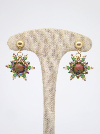 Boucles d’oreilles Lune - Tiss’Mé - pierre naturelle Jaspe unakite - tissage perles Miyuki - argent 925/1000 plaqué or 3 microns