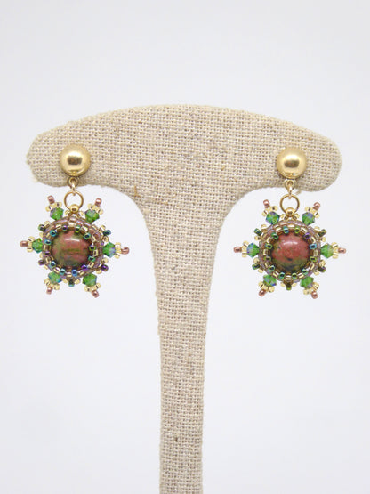 Boucles d’oreilles Lune - Tiss’Mé - pierre naturelle Jaspe unakite - tissage perles Miyuki - argent 925/1000 plaqué or 3 microns