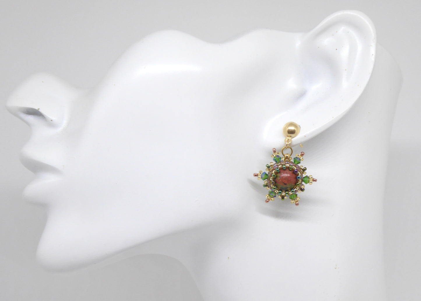 Boucles d'oreilles Lune - pierre portée Jaspe Unakite - Bijoux artisanaux Tiss'Mé