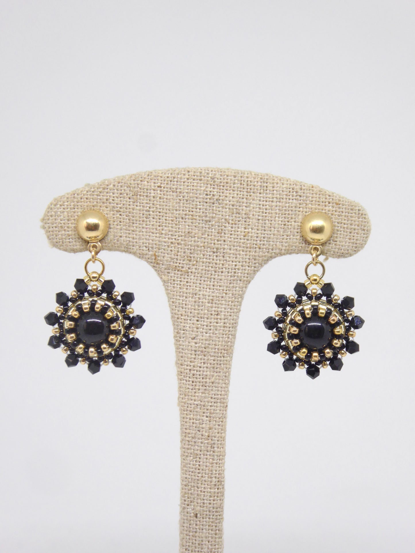 Boucles d’oreilles Mars - Tiss’Mé - pierre naturelle Tourmaline noire - tissage perles Miyuki - argent 925/1000 plaqué or 3 microns