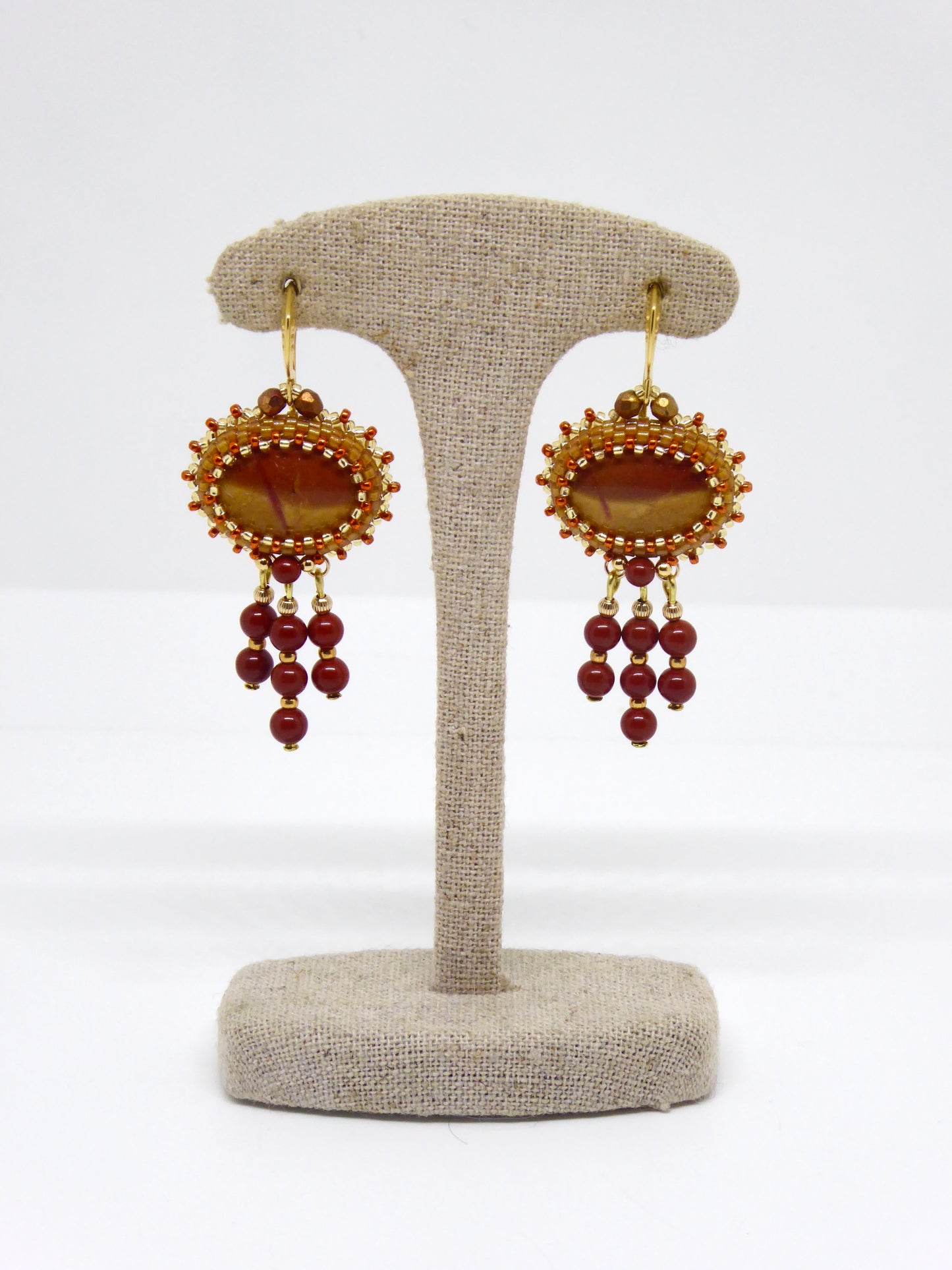 Boucles d’oreilles Meusnes - Tiss’Mé - pierre naturelle Silex Jaspe rouge ocre bicolore  - tissage perles Miyuki - argent 925/1000 doré or fin 24k