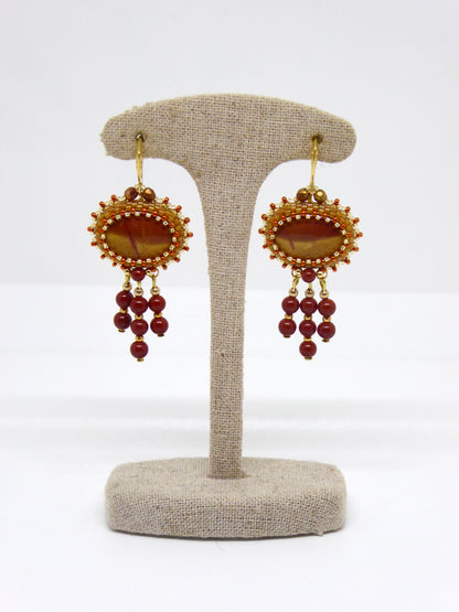 Boucles d’oreilles Meusnes - Tiss’Mé - pierre naturelle Silex Jaspe rouge ocre bicolore  - tissage perles Miyuki - argent 925/1000 doré or fin 24k