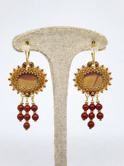 Verso boucles d'oreilles Meusnes - Tiss'Mé - sertissage minéral naturel Silex Jaspe rouge ocre bicolore - perles Miyuki