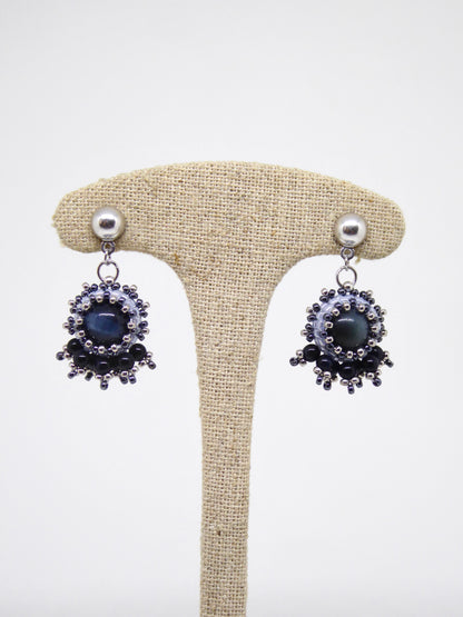 Boucles d’oreilles Saturne - Tiss’Mé - pierre naturelle Oeil de Faucon - tissage perles Miyuki - argent 925/1000
