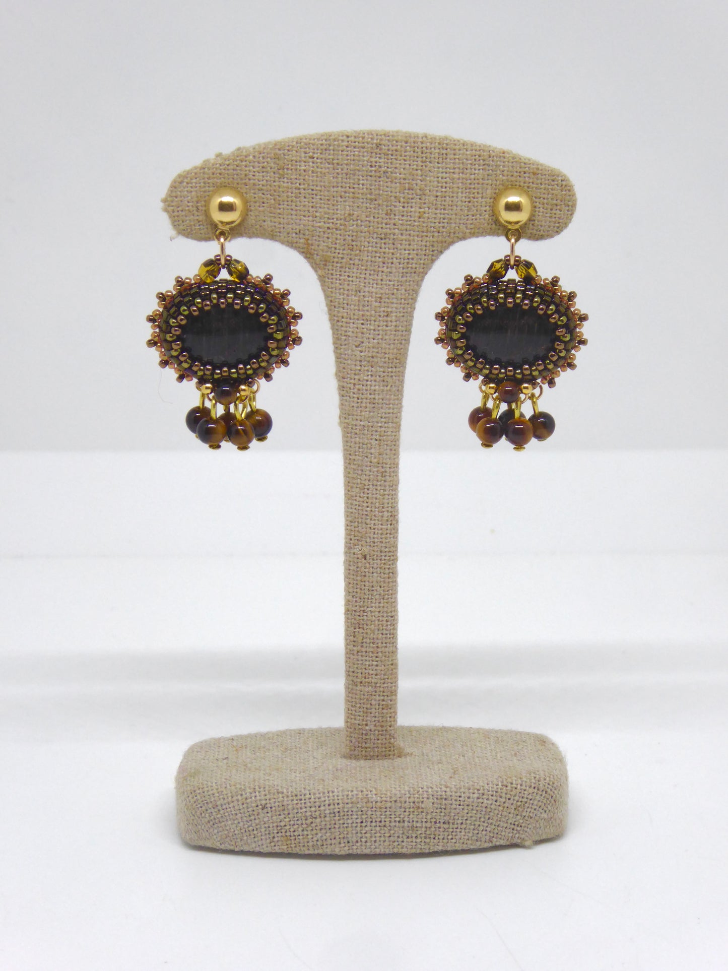 Boucles d’oreilles Chateauroux - Tiss’Mé - pierre naturelle Bois fossilisé - tissage perles Miyuki - argent 925/1000 doré 3 microns