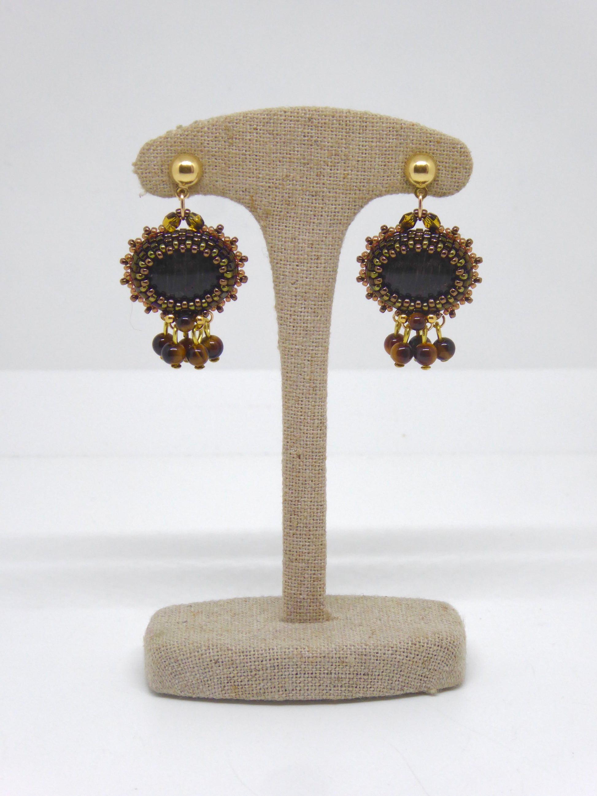 Boucles d’oreilles Chateauroux - Tiss’Mé - pierre naturelle Bois fossilisé - tissage perles Miyuki - argent 925/1000 doré 3 microns