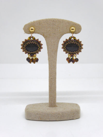 Boucles d’oreilles Chateauroux - Tiss’Mé - pierre naturelle Bois fossilisé - tissage perles Miyuki - argent 925/1000 doré 3 microns