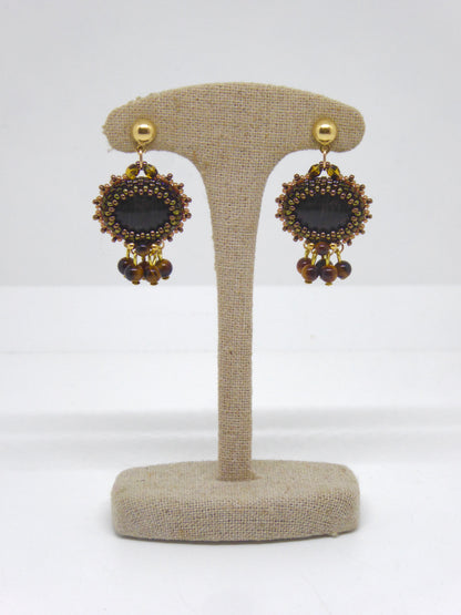 Boucles d’oreilles Chateauroux - Tiss’Mé - pierre naturelle Bois fossilisé - tissage perles Miyuki - argent 925/1000 doré 3 microns