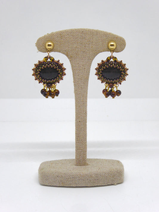 Boucles d’oreilles Chateauroux - Tiss’Mé - pierre naturelle Bois fossilisé - tissage perles Miyuki - argent 925/1000 doré 3 microns