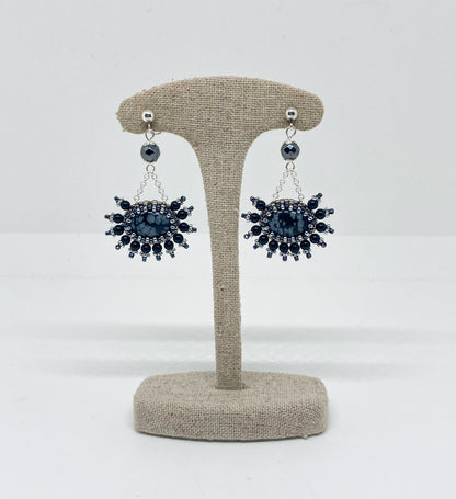 Boucles d’oreilles Chichen Itza - Tiss’Mé - pierre naturelle Obsidienne à flocons - tissage perles Miyuki - argent 925/1000