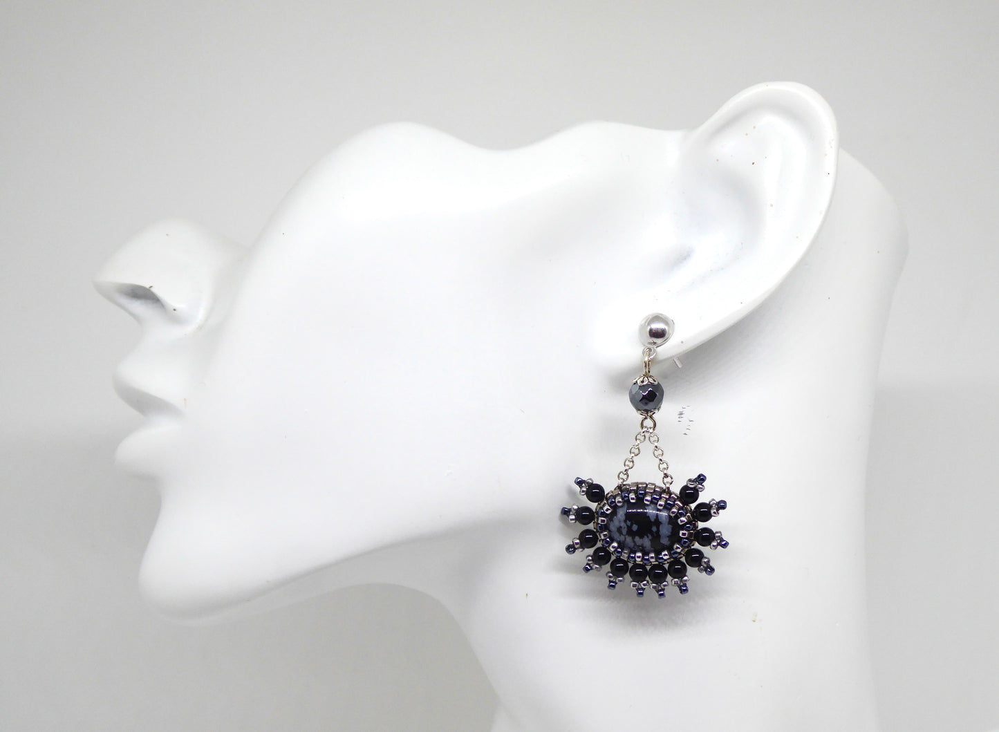 Boucles d'oreilles Chichen Itza - pierre portée Obsidienne à flocons - Bijoux artisanaux Tiss'Mé