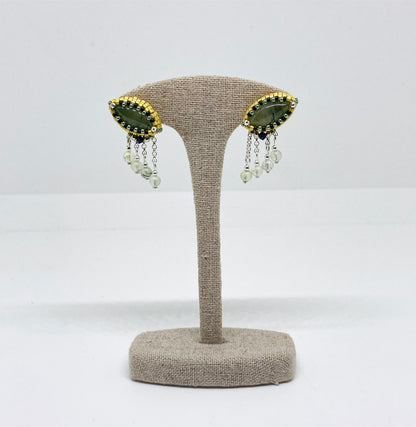 Clous d’oreilles Cork - Tiss’Mé - pierre naturelle Préhnite - tissage perles Miyuki - argent 925/1000