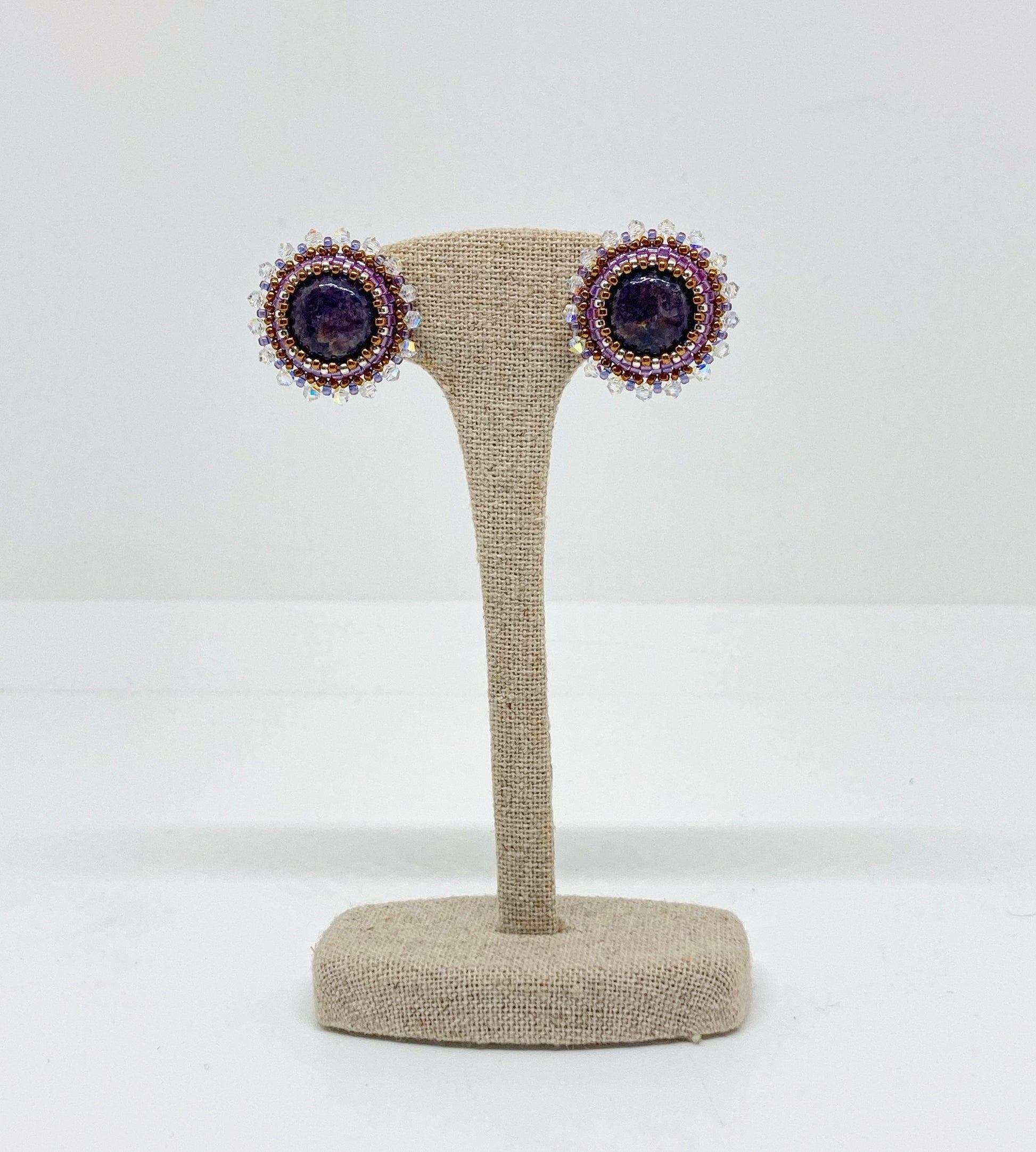 Clous d’oreilles Delphes - Tiss’Mé - pierre naturelle Lépidolite - tissage perles Miyuki - argent 925/1000